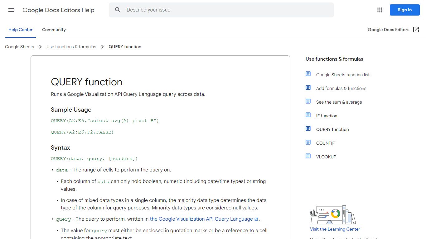 QUERY function - Google Docs Editors Help